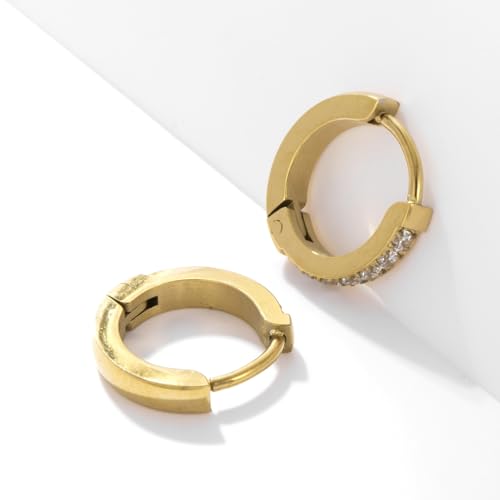 Stainless Steel Hoop Earrings for Women Gold Tone Geometric, Huggie Heart Twisted Minimalist Engraved Designs for Daily Wear - color: Gold_F