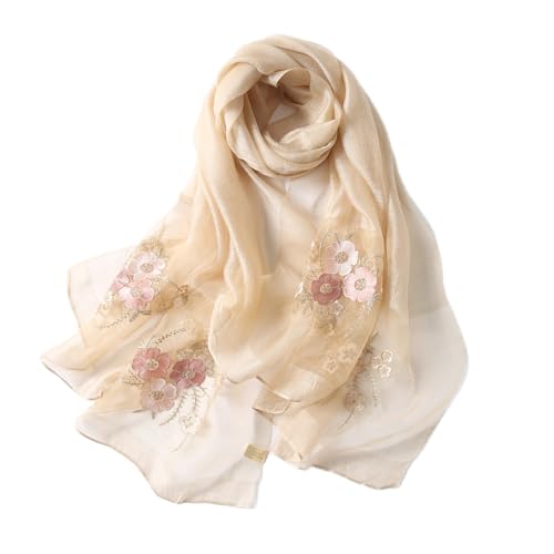 Jeelow Silk Blend Floral Fashion Scarf Shawl Wrap Lightweight Sheer For Women Floral Embroidery Wedding Party Prom - color: Petal Light Khaki