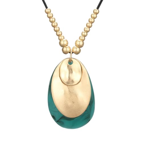 GelConnie Leather Necklace for Women Large Pendant Long Brown Necklace Circle Leather Choker Vintage Sweater Necklace Gold Chunky Boho Necklaces for Women - style: Gold Beads Blue Necklace
