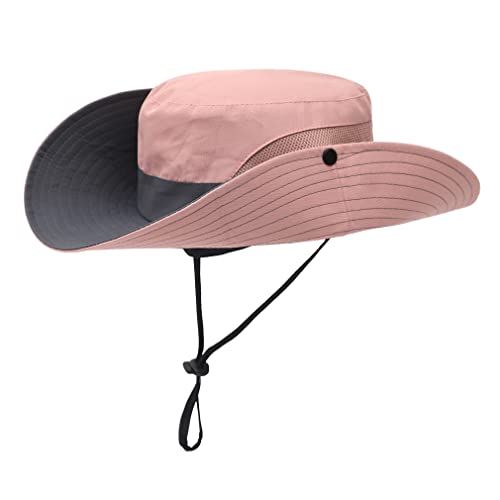 Womens Summer Sun Hat Beach Hat Wide Brim Outdoor UV Protection Hat Foldable Cool Mesh Ponytail Bucket Hat - color: Grey+pink