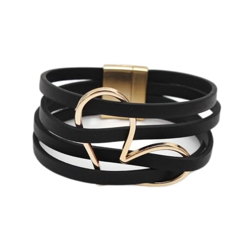 Fuqimanman2020 Boho Heart Charm Leather Wrap Bracelet for Women Handmade Layered Cuff Bracelets Bohemian Multi Strand Bangle Bracelets Christmas Jewelry Gift - color: Black