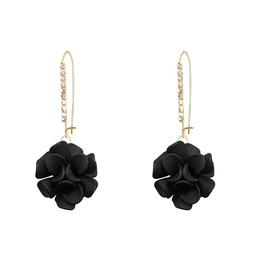 Boho Flower Dangle Earrings for Women Long Drop Resin Acrylic Tiered Petal Statement Earrings Handmade Lightweight Vintage Floral Chunky Drop Jewelry - color: Black