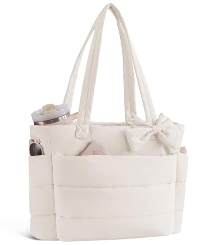 CTWWFS Puffer Tote Bag for Women, Quilted Bow Tote Bag with Cup Holder & 15.6 In Laptop Compartment for Work, Travel, Gym - color: Beige