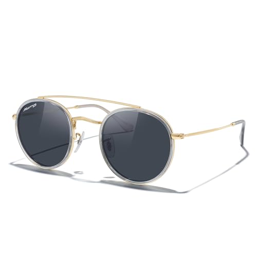 MERRY'S Retro Round Polarized Sunglasses - Unisex Double Bridge Sun Glasses - color: Tra Gray Frame/Gold Bridge/Black Lens