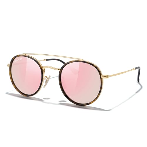 MERRY'S Retro Round Polarized Sunglasses - Unisex Double Bridge Sun Glasses - color: Leopard Frame/Gold Bridge/Pink Mirror Lens