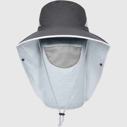 Womens Sun Hat Wide Brim UPF50+ Outdoor Sun Protection Ladies Fishing Hat with Neck Flap Detachable Face Cover - color: Dark Grey