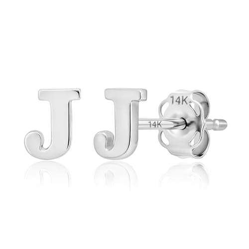 14k Gold Small Script Initial Letter Stud Earrings for Women | Anti Tarnishing 5mm 14k Gold Studs | A-Z Alphabet Earrings with Gift Box by MAX + STONE - style: J | White Gold