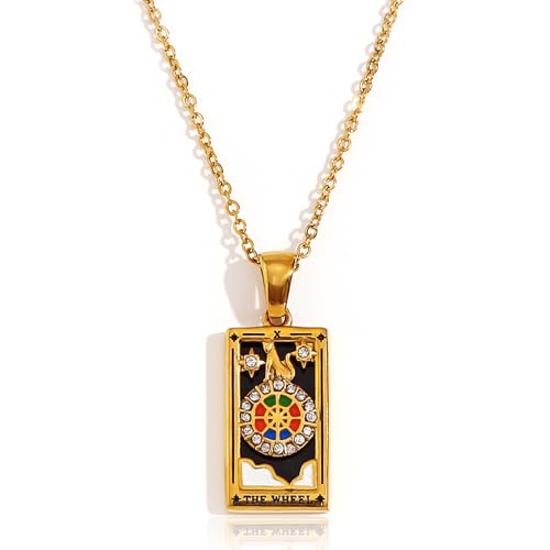 ORIGENCE 18k Gold Plated Tarot Cards Pendant Necklace - Vintage Colorful Charm Necklace Lucky Talisman Hypoallergenic for Women and Men Gift - style: The Wheel-new