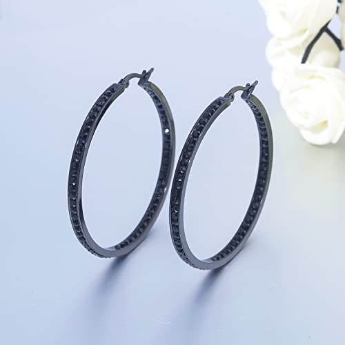 CiNily Mult-colors Crystal Stainless Steel Hoop Earring for Women Hypoallergenic Jewelry for Sensitive Ears Large Big Hoop Earrings 2" - color: All Black