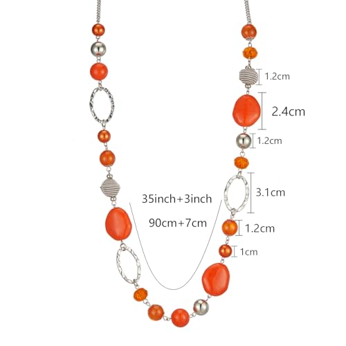 BULINLIN Beaded Long Necklace for Women Silver Sweater Chain Necklace with Crystal Resin Beads, Fashion Jewelry Necklace - color: Orange