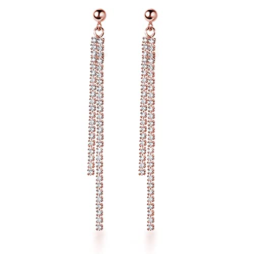 SLUYNZ 925 Sterling Silver Simulated Diamond Drop Earrings Linear Dangle Earrings for Women Teens Eelgant Wedding Bridal Prom Earrings Dainty CZ Long Dangling Earrings Tassel 4.5 cm/7.5 cm - color: C-Rose Color-6.3cm