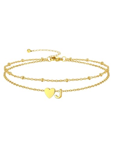 Silvora Ankle Bracelets for Women Waterproof 14K Gold/Silver/Black Initial Anklet for Women Dainty Layered Heart Ankle Bracelets Stainless Steel Adjustable Foot Chain Anklet Summer Beach Jewelry - color: Gold-14K Gold Plated, size: 10.J