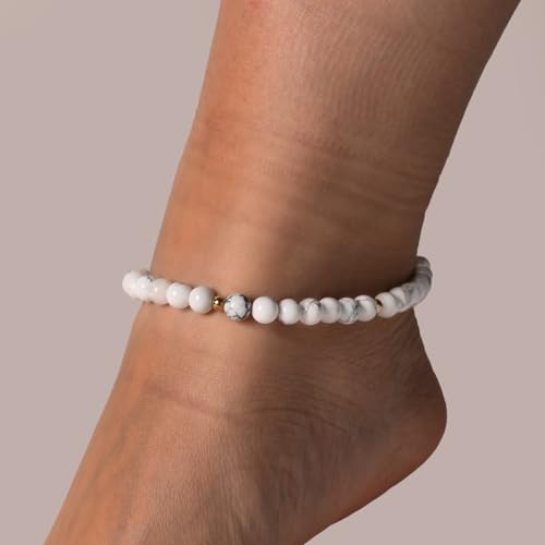 Softones 6mm Natural Stone Anklet for Women Gemstone Ankle Bracelets for Women Healing Energy Crystal Anklets Adjustable(8.5-10 Inches) - color: Howlite