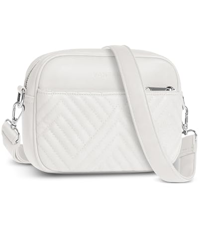 Vantamo Premium Quilted Crossbody Bags for Women with Anti-Pickpocket Clip, Vegan Leather Handbags, Travel Purses for Women - color: White With Faux Leather Strap