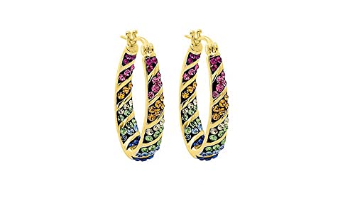 Savlano 14K Gold Plated Inside Out Multicolor Rainbow Crystal Hoop Earrings For Women Comes With Gift Box - color: Yellow Gold