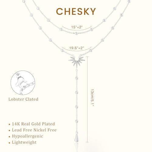 CHESKY Long Necklaces for Women, 14k Gold Plated/Streling Silver Lariat Necklace Dainty Statement Prom Necklace Rosary Cross Sun Drop Pendant Dangle Necklace Gold Prom Jewelry for Women Gifts - style: y necklace 12