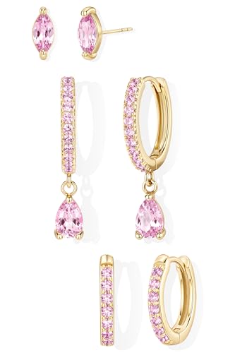 14K Gold Plated Small Huggie Hoop Earrings Set for Women, Hypoallergenic Dainty Sterling Silver Dangle Studs for Cartilage Helix, Lightweight Trendy Cute Stack Birthstone Jewelry Gift - color: 10_Pink Tourmaline_Oct_Gold
