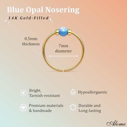 925 Sterling Silver & 14K Gold Filled Nose Ring Hoop Handmade Piercing Jewelry For Women - 24 Gauge 2mm,7mm Tiny Nose Ring with Opal - Gift Ready - color: Light Blue Opal Gold