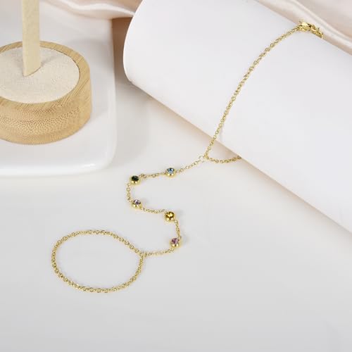 Hand Chain Bracelet Stainless Steel Finger Ring Bracelet Adjustable Gold Plated Hand Chain CZ Stackable Boho Minimalist Jewelry for Women - color: Gold Hand Chain Bracelet AN135G