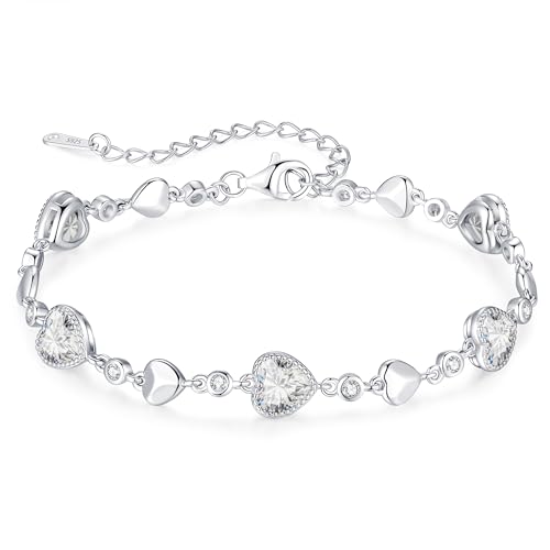 925 Sterling Silver Birthstone Heart Bracelet Jewelry Gift for Women | Rose Gold Plated Bracelets,Hypoallergenic,Adjustable Chain Personalized Anniversary Christmas Jewelry Gift for Mom Wife - color: Sterling Silver-04-Apr
