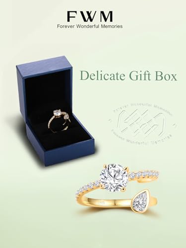 FWM Round Cut Moissanite Simple Open Rings for Women, Adjustable Ring, Solid Sterling Silver With Gold Plated, Stackable Wedding Band, Anniversary Valentines Mothers Day Christmas Gift - color: Round & Pear Cut - Yellow Gold, size: 8