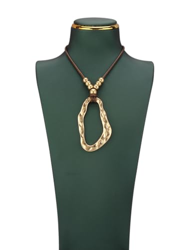 GelConnie Leather Necklaces Turquoise Long Boho Necklaces for Women Brown Chunky Circle Pendant Chocker Necklace Gold Sweater Necklace - style: Brown Gold Boho Necklace