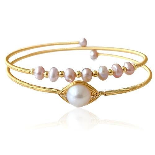 Handcrafted Natural Freshwater Baroque Pearl Bracelet,Winding Design,Opening Adjustable,14k Gold Plated Material