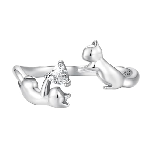 BISAER 925 Sterling Silver Ring Adjustable Cute Unique Cat Snake Butterfly Dragonfly Fashionable Ring For Women Jewelry - color: Silver Cat