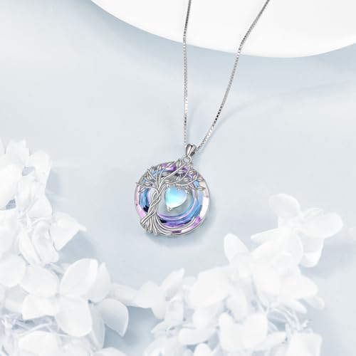 POPLYKE Mothers Day Gifts for Mom Her Wife Tree of Life Necklace 925 Sterling Silver Birthstone Pendant with Crystal Anniversary Birthday Wedding Jewelry for Women - color: 06-Jun-Moonstone, style: White Gold Plated-Amethyst Crystal