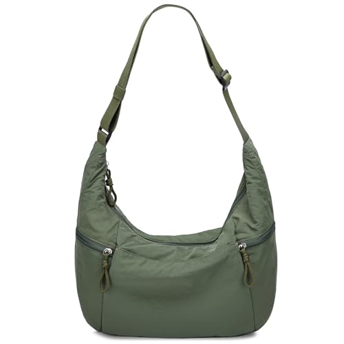 VASCHY Crossbody Crescent Bag for Women, Casual Lightweight Nylon Large Slouchy Hobo Bags Purses for Travel/Gym/Work/College - color: Deep Green