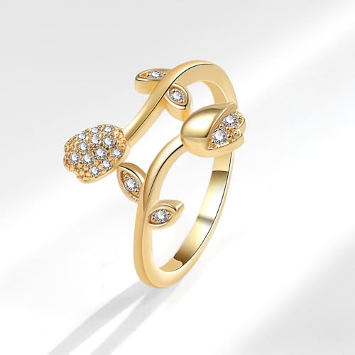 Adjustable Women's Cubic Zirconia Leaf Shaped Ring, 18K Gold-Plated Exquisite Stackable Women's Ring, A Great Gift for Her - color: J
