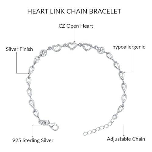LeCalla 925 Sterling Silver Bracelet Jewelry Gift | Lightweight Italian Design Adjustable Love Bracelet | Link Chain with Lobster Claw Clasp Bracelet for Women Daughter Friendship Bracelet - color: CZ Open Heart