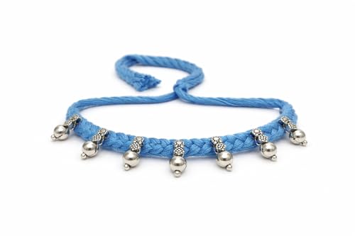 athizay Boho Charm Thread Choker Necklace – Braided Bohemian Choker with Oxidized Silver Dangle Charms | Handmade Boho Jewelry for Women - color: Sky blue, Silver