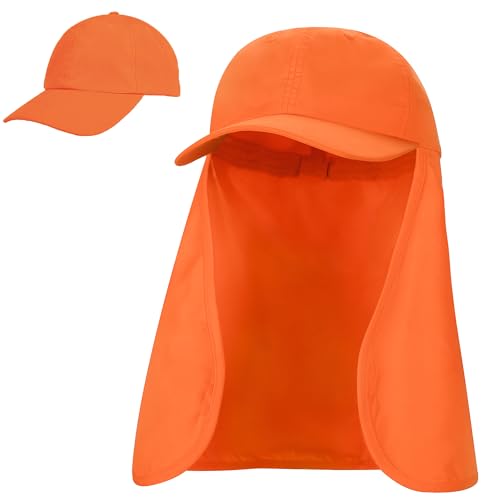 Tirrinia Wide Brim Sun Hat with Neck Flap for Men & Women, Breathable Hiking Fishing Safari Hat, Outdoor UV Protection Cap - color: Orange