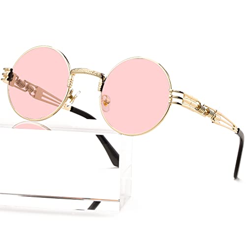 AIEYEZO Round Steampunk Sunglasses for Men Women Retro Circle Hippie Glasses Metal Frame 100% UV Blocking Lens - color: Gold/Clear Pink