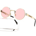 AIEYEZO Round Steampunk Sunglasses for Men Women Retro Circle Hippie Glasses Metal Frame 100% UV Blocking Lens - color: Gold/Clear Pink