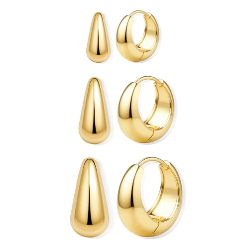 BESTEEL 3Pairs 14K Gold Plated Hoop Earrings Set for Women Chunky Earring Silver Plated Hypoallergenic Small Huggie Hoops Lightweight Tiny Thick Trendy Hoop Earrings Stacks for Multiple Piercing - color: 14k gold plated
