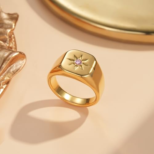 YeGieonr Non Tarnish Gold Rings for Women, Waterproof Gold Signet Ring, 18K Gold Plated Stackable Rings for Everyday Wear - color: Sqaure Pink