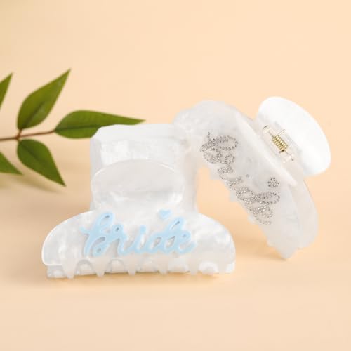 2PCS Bride Hair Clips for Women – Blue Letter Hair Accessories with Rhinestone, Bachelorette Party Bridal Shower Gifts, Trendy Handmade Look Unique Wedding Claw Clips - color: Bride Pink and White