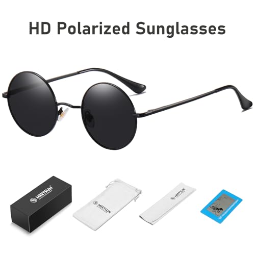 MEETSUN Small Round Polarized Sunglasses for Men Women Metal Retro Hippie Circle Sun Glasses Driving Festival Cosplay UV400 - color: Black / Grey