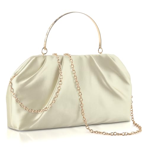 ERKOON Clutch Purse for Women Elegant Pleated Evening Bag Crossbody Shoulder Handbag Envelope Bag with 2 Detachable Chain - color: Beige