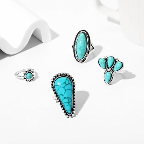 Bohemian Turquoise Ring for Women Stackable Vintage Chunky Boho Turquoise Ring Set Dainty Open Gemstone Knuckle Midi Finger Rings Western Statement Rings Jewelry - style: four