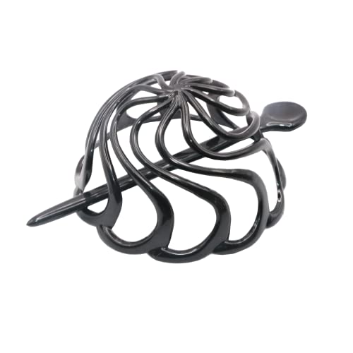 Parcelona French Swirls Large 3.5" Cellulose Acetate Bun Cover with Stick Ponytail Chignon Durable Fashion Women Hair Accessories Non Slip Hair Clip for Girls, Made in France(Black)