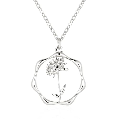 Gold Necklace for Women Birth Flower Necklaces 18K Gold Plated Custom Birth Month Floral Necklaces Birthday Gifts for Women - style: Silver-11-Chrysanthemum