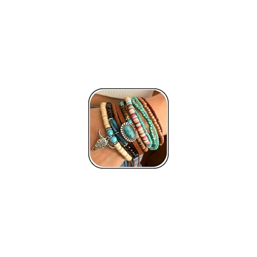 Long tiantian Western Turquoise Beaded Bracelet Set for Women Stackable Cowgirl Bracelets Boho Concho Jewelry Country Concert Rodeo Outfit Accessories Gifts - color: F2:western wooden dress