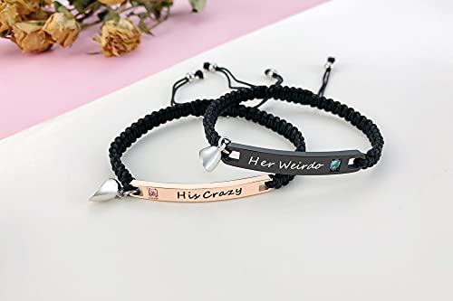 MEALGUET Personalized Couple Bracelet Customized Couple Bracelets Set Mutual Attraction Custom Name Relationship Bracelet Personalized Gift for Men Women - style: His Crazy/Her Weirdo-heart magnetic