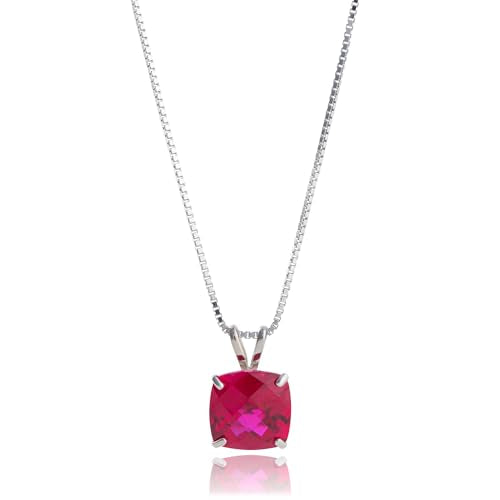 MAX + STONE Cushion Cut Gemstone Necklace | 8mm Solitaire Birthstone Necklace for Women | Gemstone Pendant Necklaces with 18 inch Box Chain - color: Created Ruby