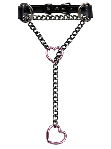 Black Leather Choker Collar For Women, Handmade Heart Slip Chain Choker Long Necklace with Adjustable Buckle - color: B-Black-Black-Pink, size: 18''chain