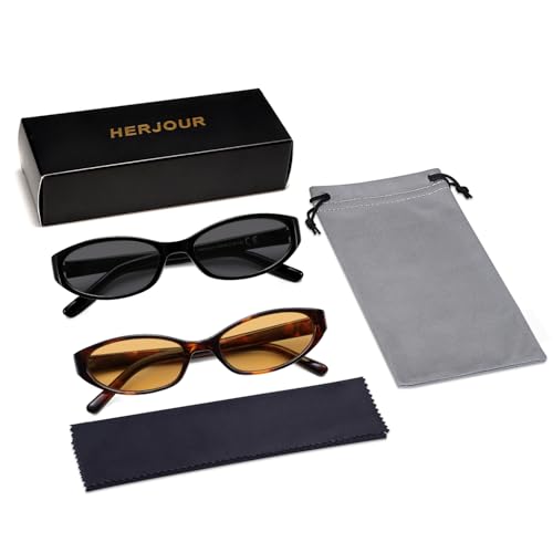 Retro Oval Sunglasses for Women Men Y2k Narrow Cat Eye Sunnies Skinny Shades AR82299 - color: 01. Black/Grey+tortoise/Yellow