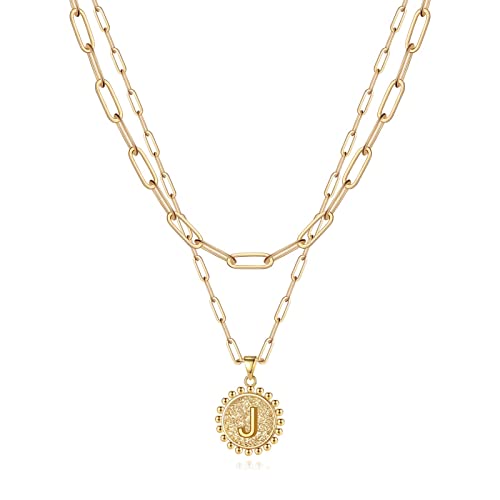 Yoosteel Layered Initial Necklaces for Women Trendy - 14K Gold-Plated Dainty Layering Paperclip Chain Coin Initial Necklace Jewelry Gifts for Women Mom Wife Teen Girls - color: Gold, style: J